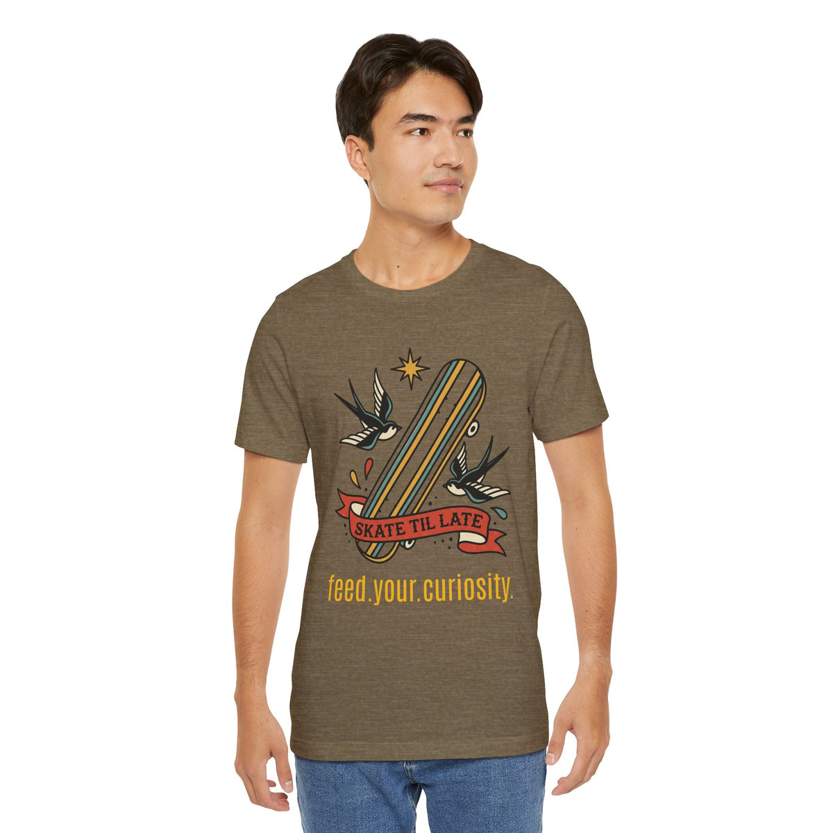 Skate Till Late Skateboard Tee | Traditional Tattoo Flash, Swallows & Banner — view 29