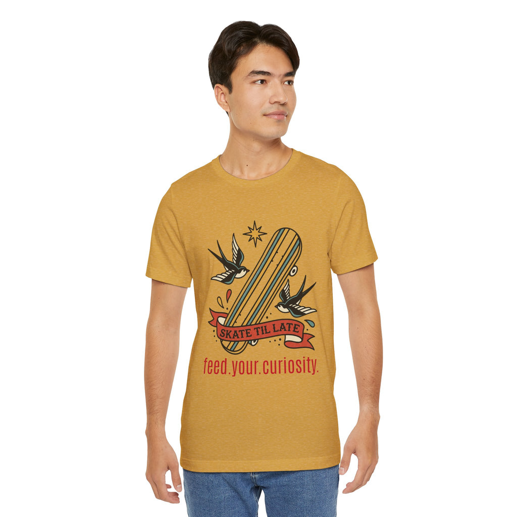 Skate Till Late Skateboard Tee | Traditional Tattoo Flash, Swallows & Banner — view 28