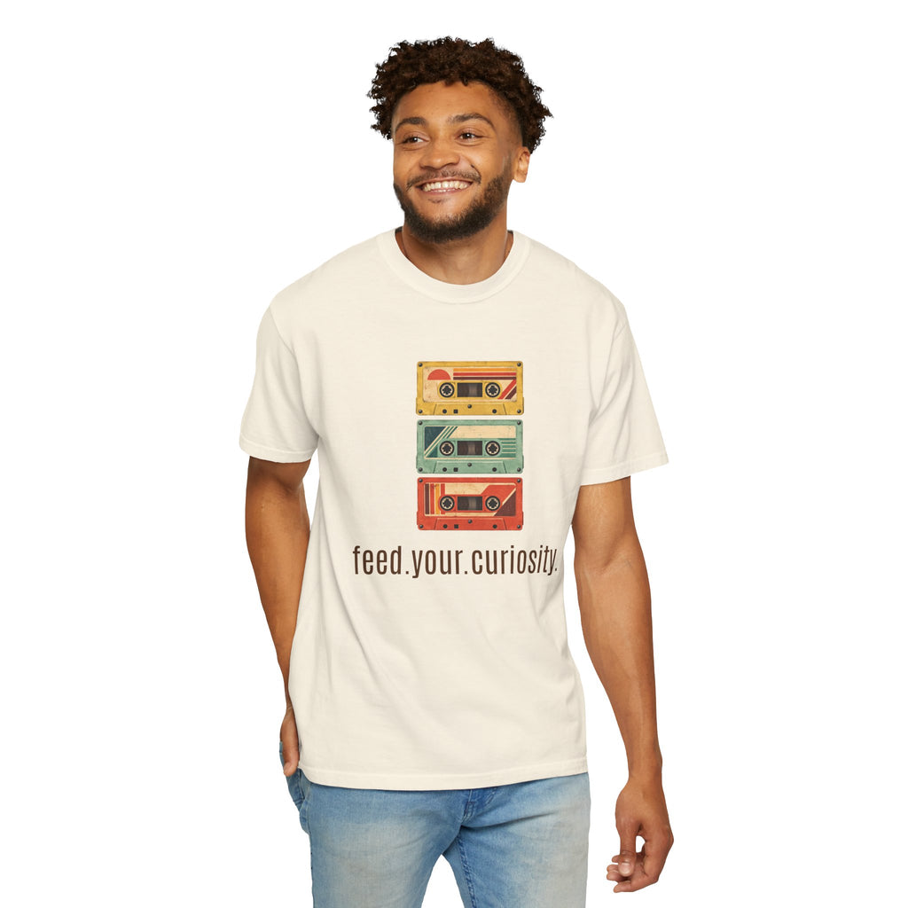 T-Shirt — Vintage Cassette Stack “feed.your.curiosity.” Retro Music Tee — view 2