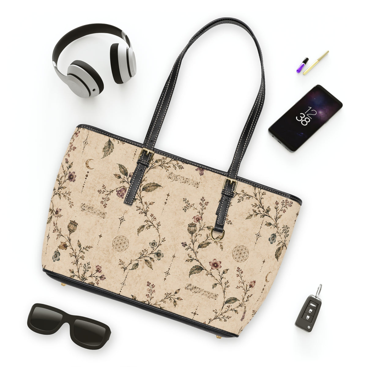 Floral Vintage Leather Over-Sized Shoulder Bag – Beige Botanical Shoulder Purse — view 7