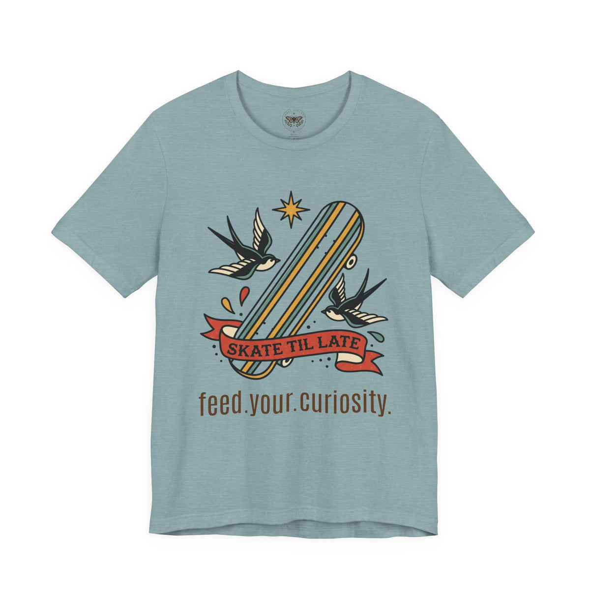 Skate Till Late Skateboard Tee | Traditional Tattoo Flash, Swallows & Banner — view 21