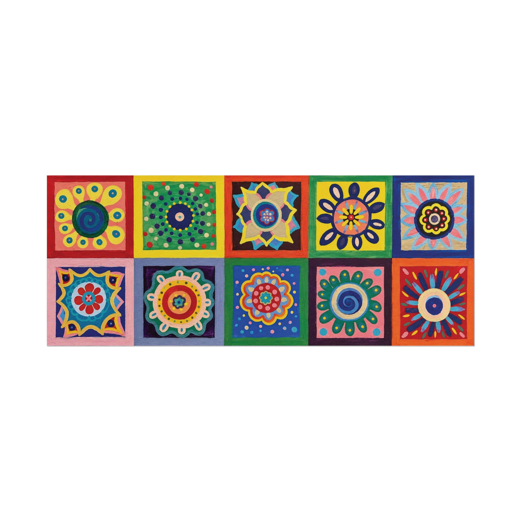 Colorful horizontal folk art poster with ten floral mandala designs in blue, green, yellow, coral, pink, orange, plum, and ivory.