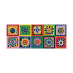 Colorful horizontal folk art poster with ten floral mandala designs in blue, green, yellow, coral, pink, orange, plum, and ivory.