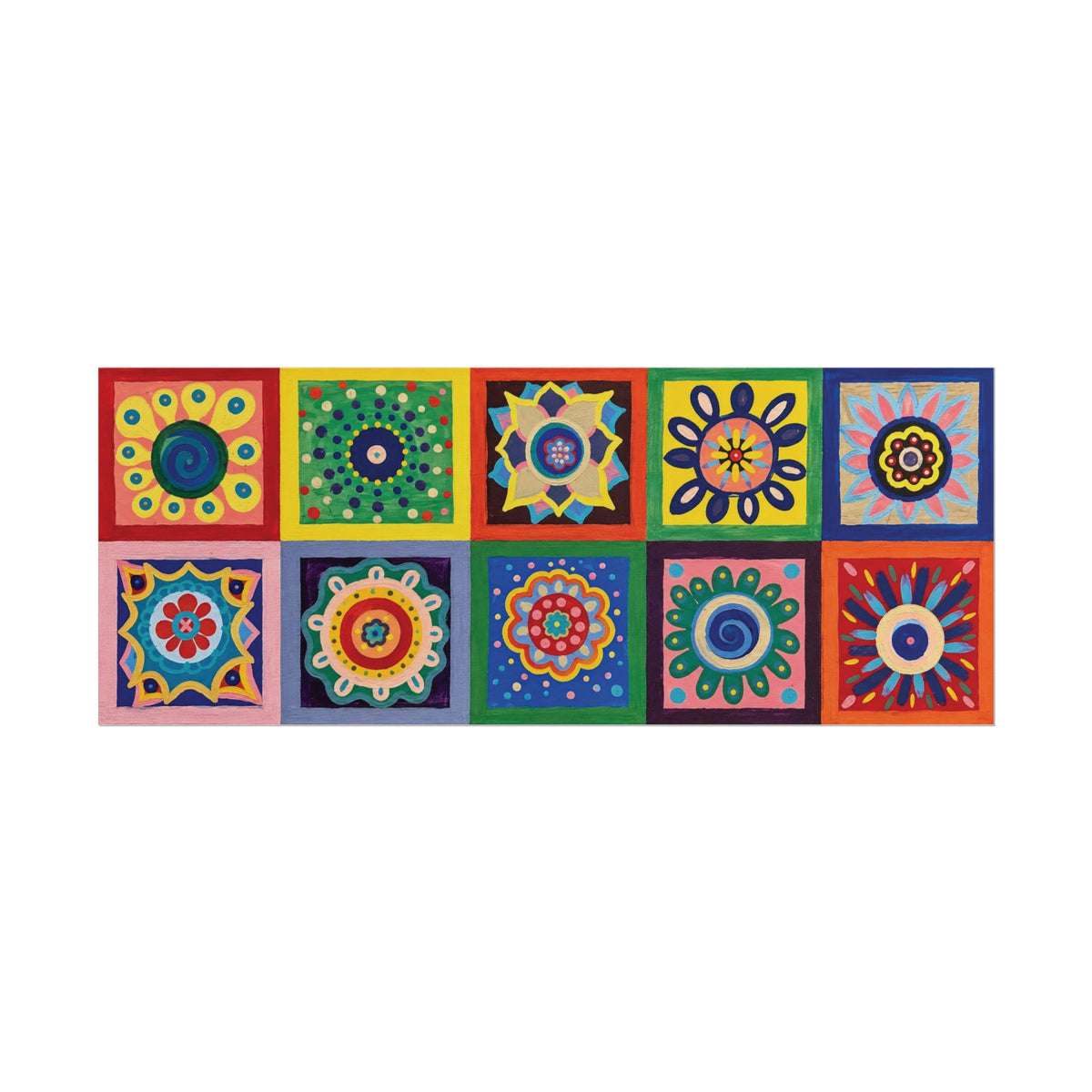 Colorful horizontal folk art poster with ten floral mandala designs in blue, green, yellow, coral, pink, orange, plum, and ivory.
