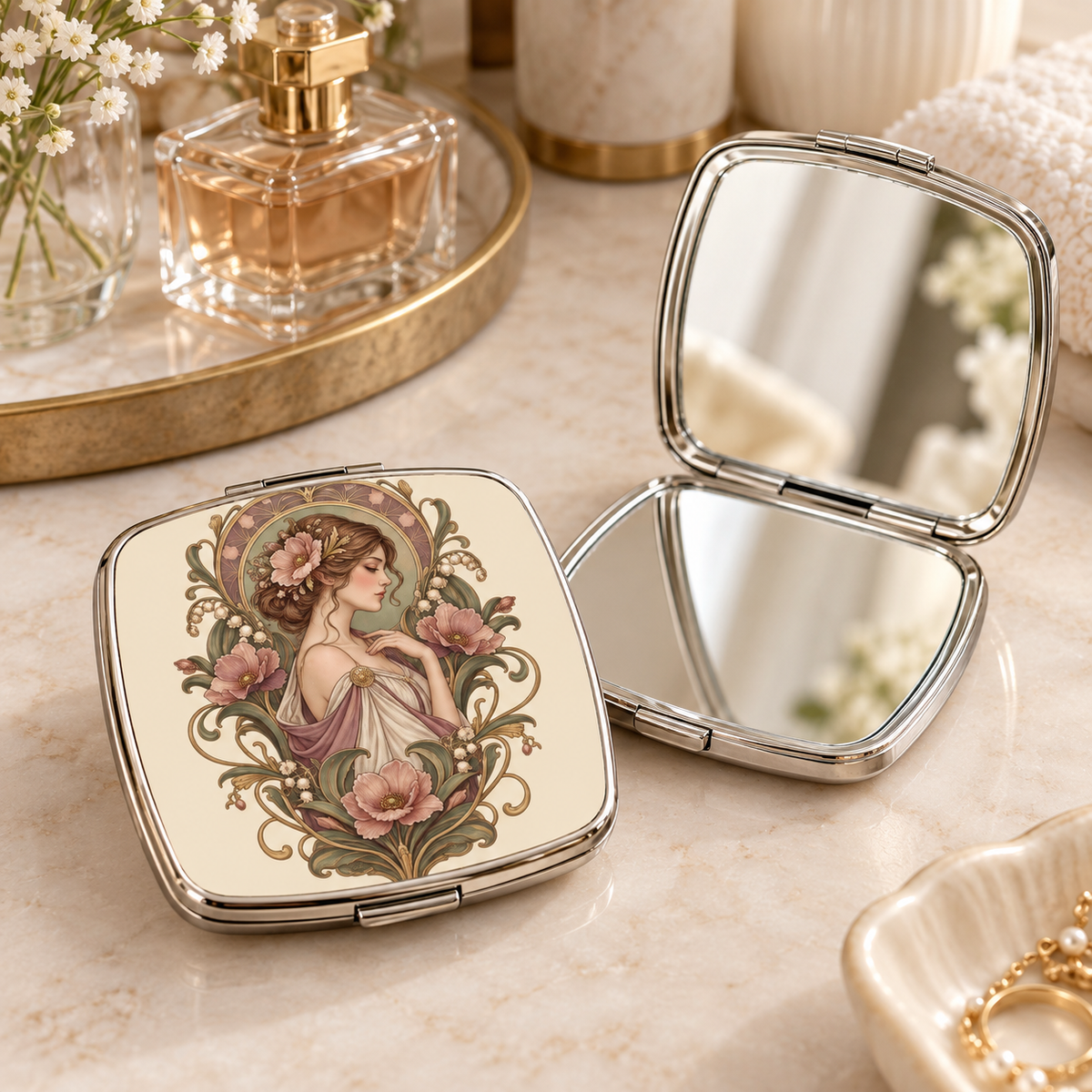 Art Nouveau Botanical Lady Pocket Mirror — product image 1