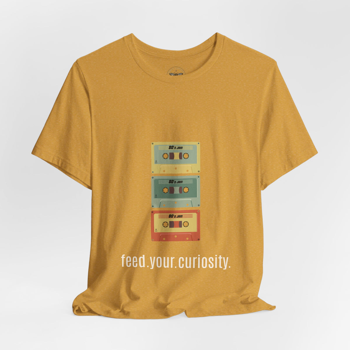Feed Your Curiosity retro cassette tape graphic T-shirt — product view 4