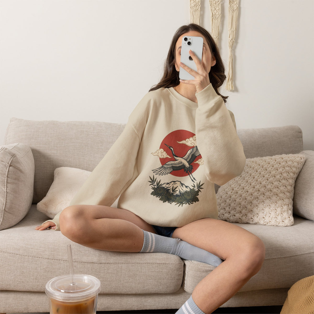 Traditional Tattoo-Style Crane Illustration Sweatshirt | Vintage Flash, Limited Palette — view 39