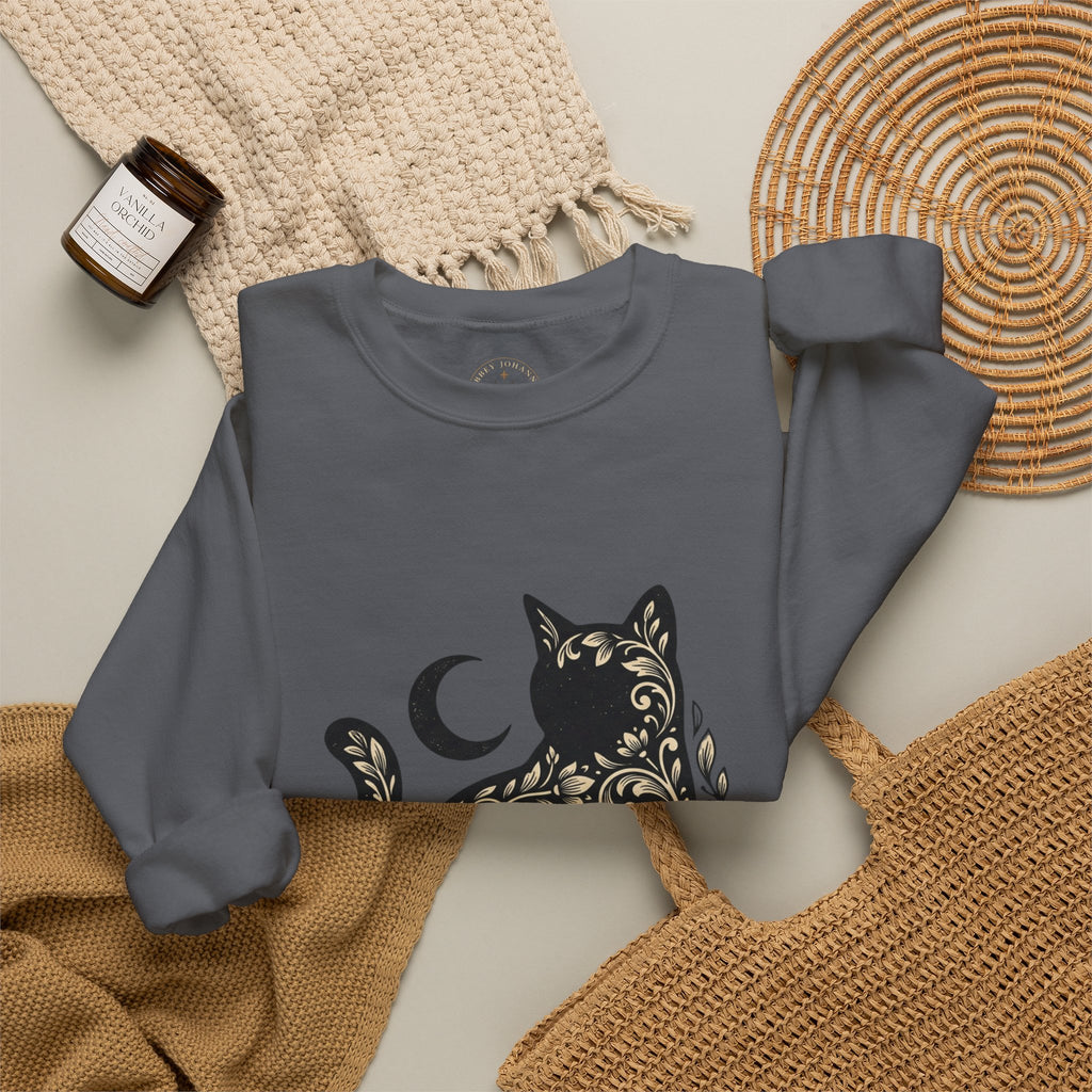 Gothic Botanical Cat Sweatshirt | Crescent Moon, Ornate Florals