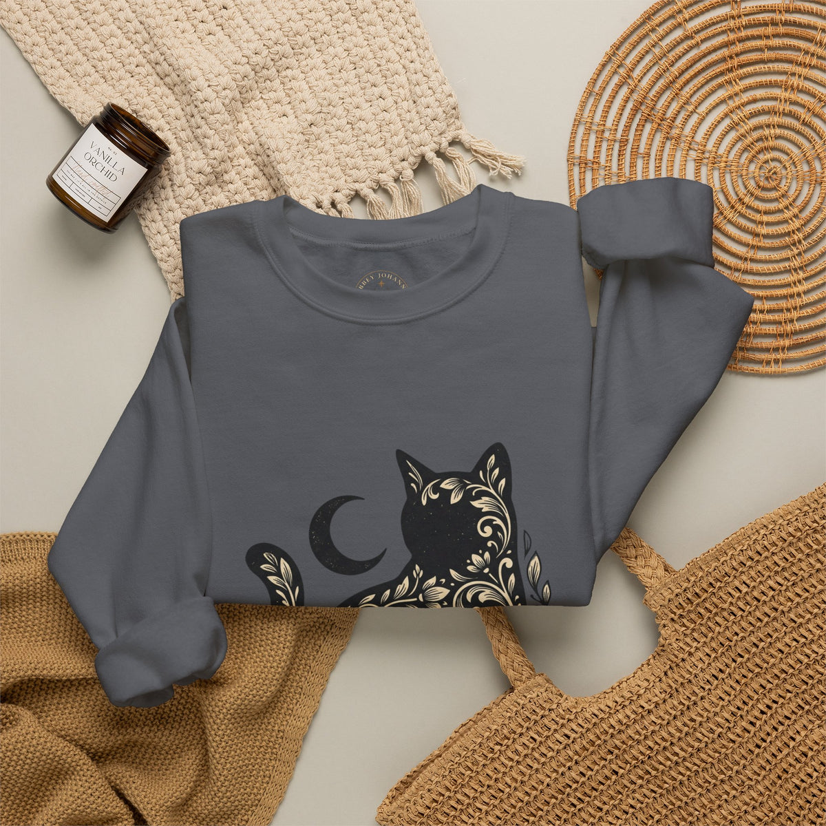 Gothic Botanical Cat Sweatshirt | Crescent Moon, Ornate Florals