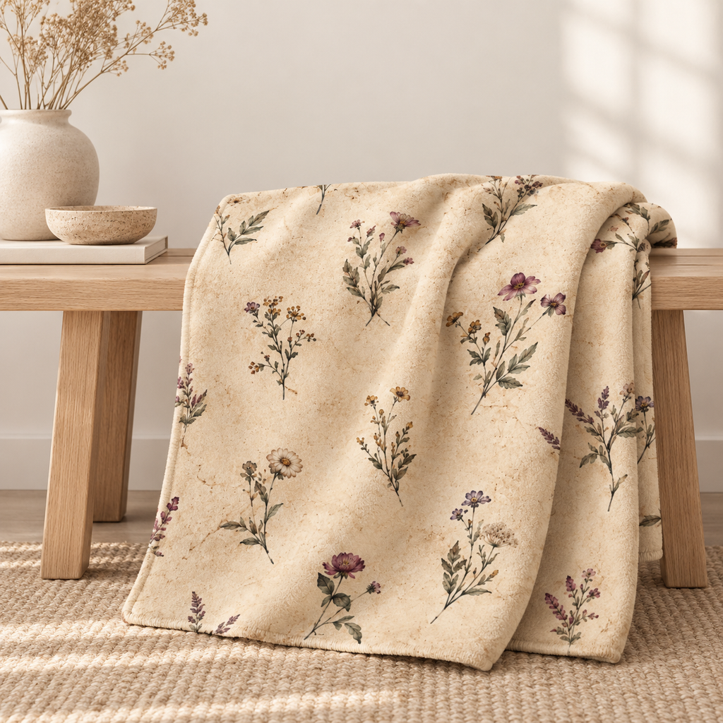 Botanical Minimalistic Vintage Sherpa Blanket - Cozy Beige Wildflower Throw — product image 1