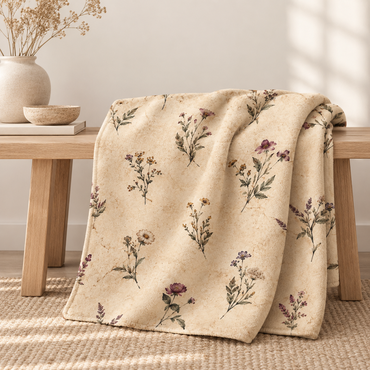 Botanical Minimalistic Vintage Sherpa Blanket - Cozy Beige Wildflower Throw — product image 1