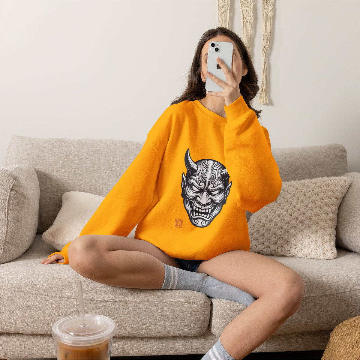 Oni Mask Illustration Crewneck Sweatshirt | Traditional Tattoo-Inspired, Bold Flash Art — view 16