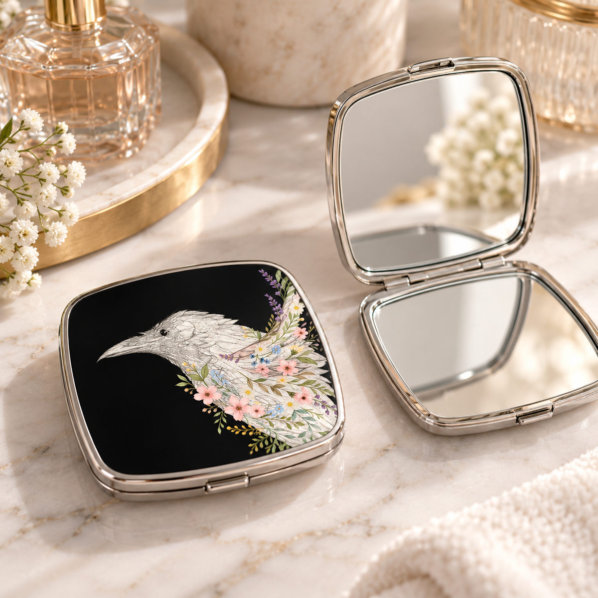 Floral Raven Compact Mirror – Pocket Square Mirror with Botanical Crow Design — product image 1