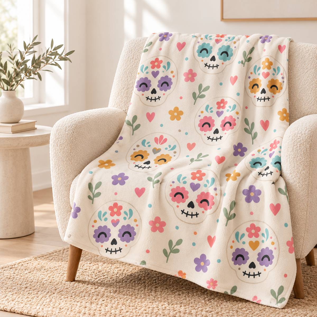 Day of the Dead Sugar Skulls Sherpa Blanket — Floral Calavera Throw for Cozy Gifts — product image 1