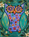 Colorful lavender-blue folk art owl with spiral eyes, turquoise wings, flowers, leaves, and gold marks on a teal background by Abbey Johanna.
