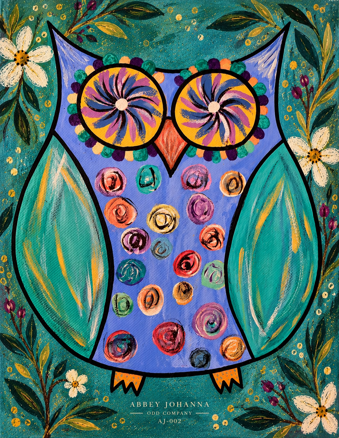 Colorful lavender-blue folk art owl with spiral eyes, turquoise wings, flowers, leaves, and gold marks on a teal background by Abbey Johanna.