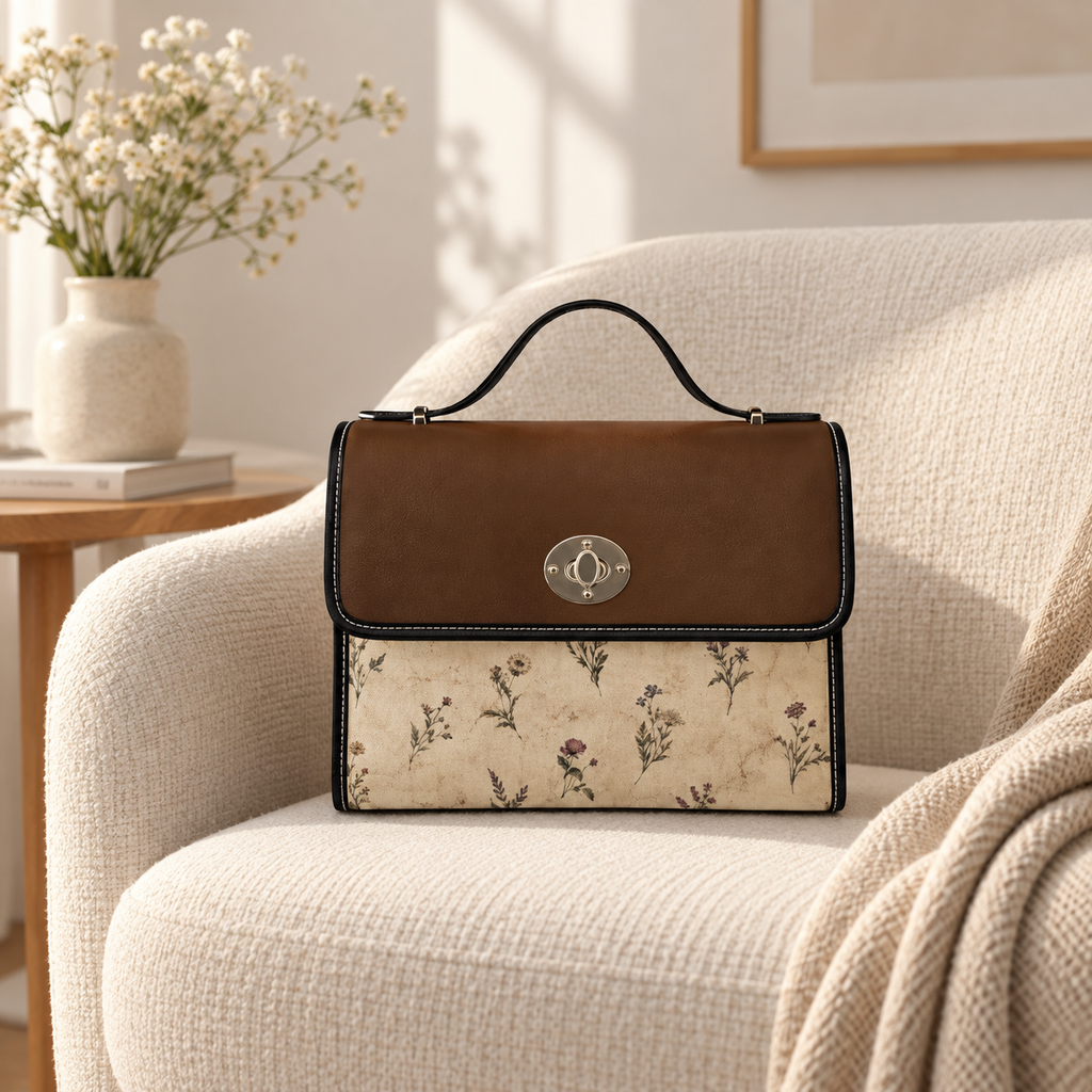 Vintage-Inspired Satchel Bag — Botanical Minimalism Accent, Leather Trim Waterproof Canvas Shoulder Bag — product image 2
