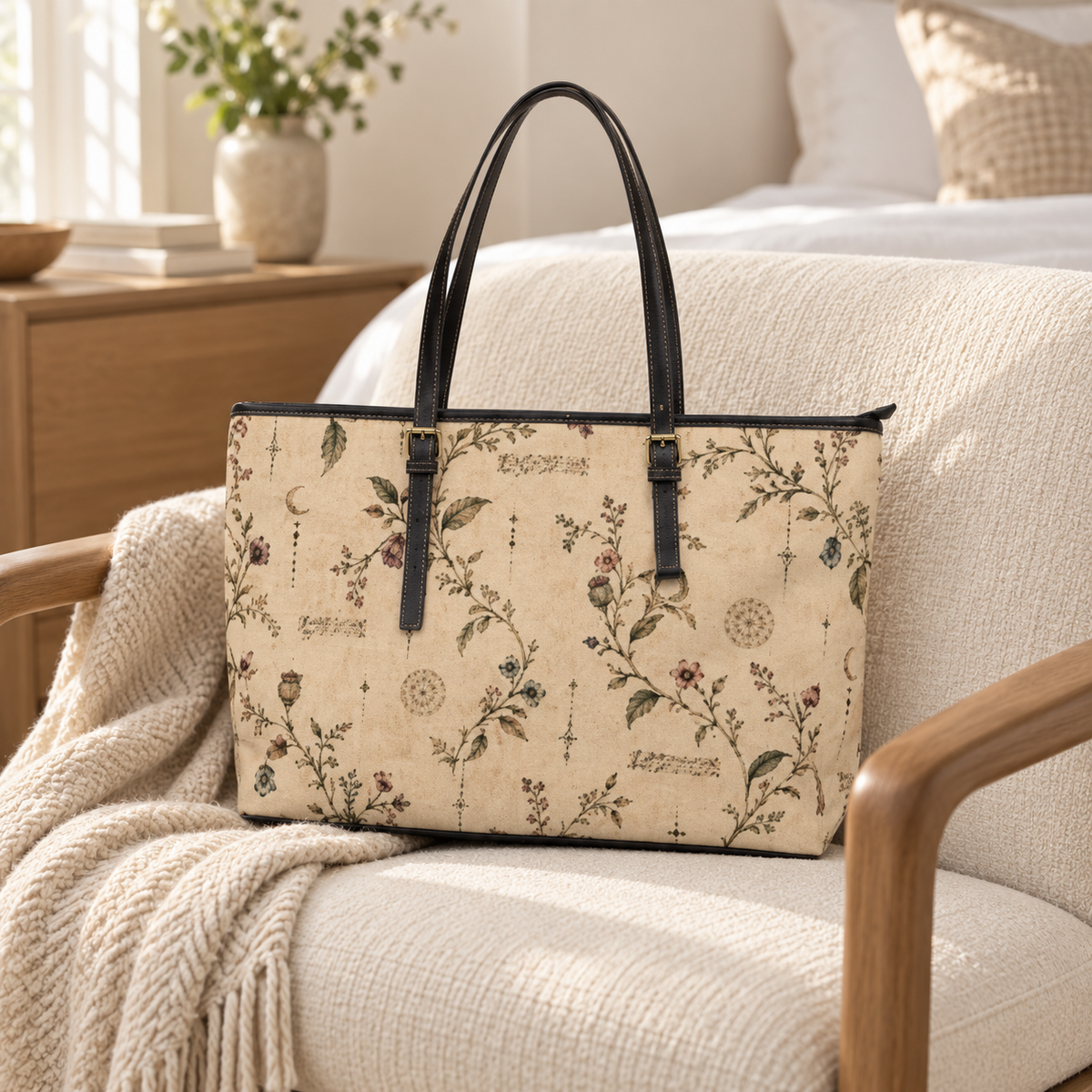 Floral Vintage Leather Over-Sized Shoulder Bag – Beige Botanical Shoulder Purse — product image 1