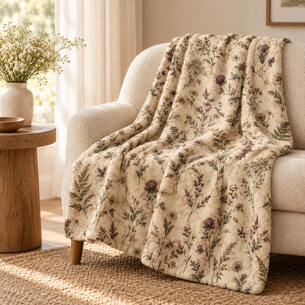 Botanical Vintage Sherpa Blanket — Cozy Neutral Wildflower Throw — product image 1