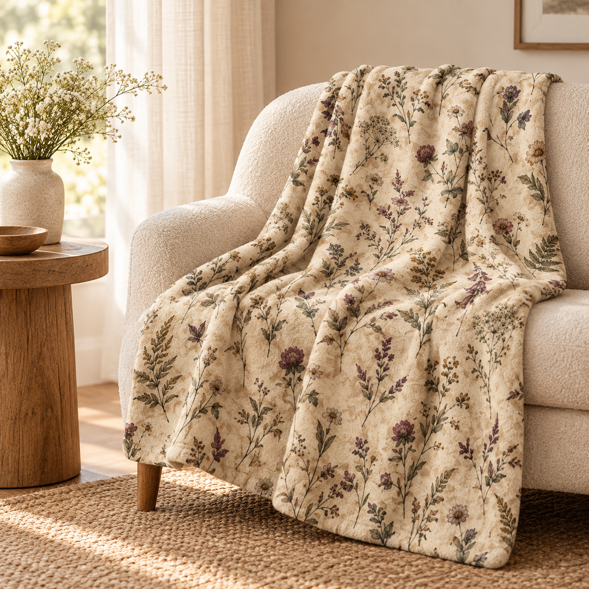 Botanical Vintage Sherpa Blanket — Cozy Neutral Wildflower Throw — product image 1