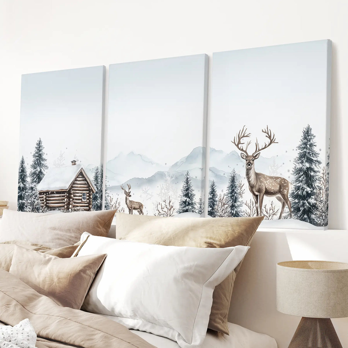 Snowy Deer Wall Art Set of 3. Winter Woodland Prints