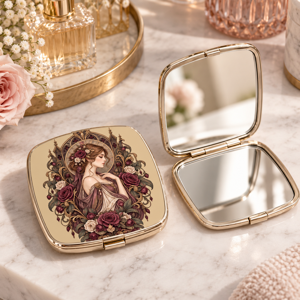 Vintage Romantic Compact Mirror — Art Nouveau Lady with Roses — product image 1