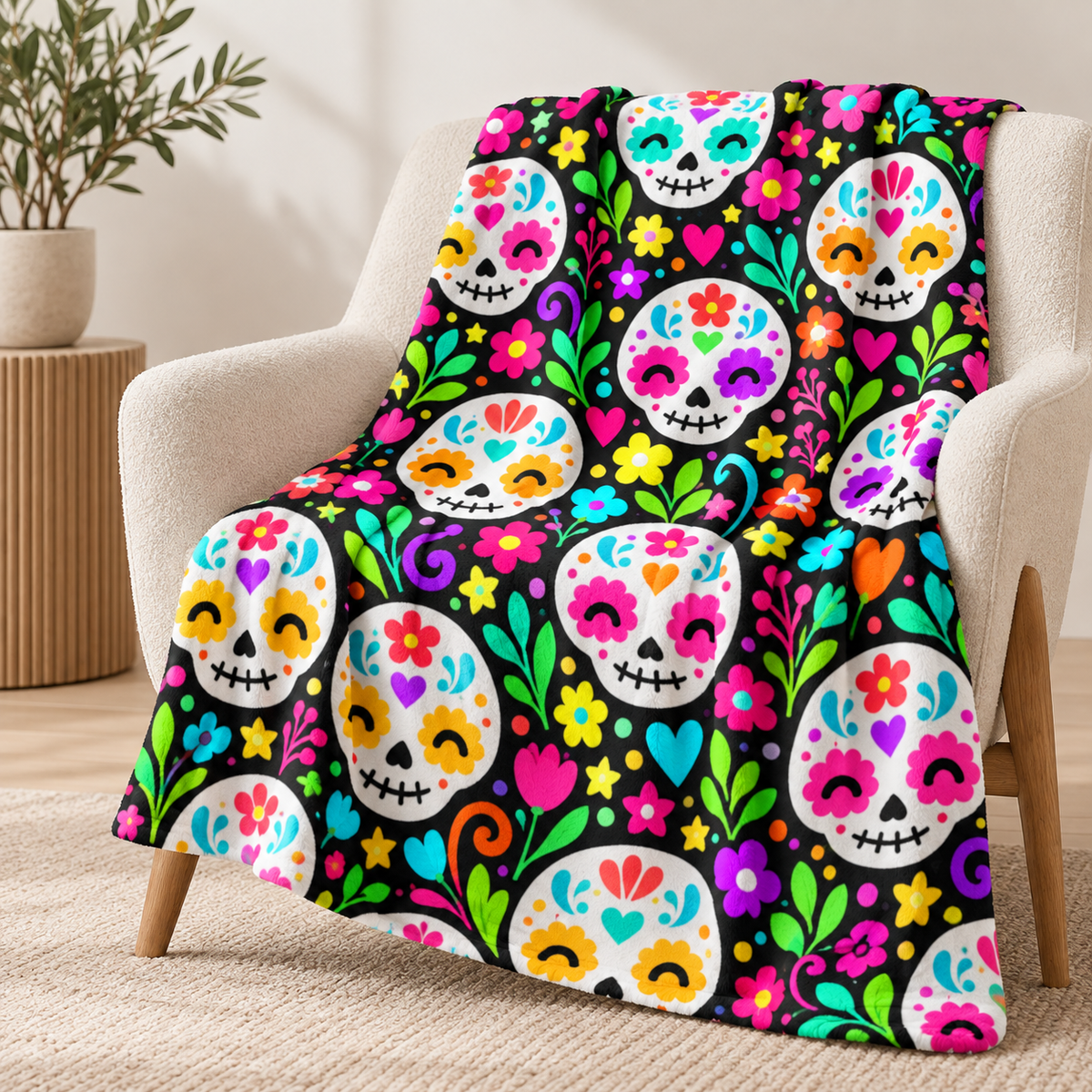 Sugar Skull Sherpa Blanket – Colorful Day of the Dead Throw — product image 1