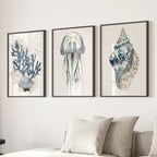 Beach House Wall Art Set. Blue Coral, Jellyfish, Shell