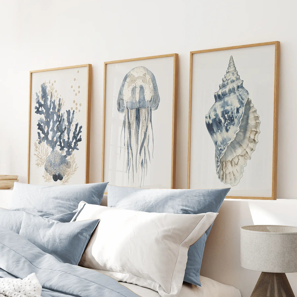 Beach House Wall Art Set. Blue Coral, Jellyfish, Shell