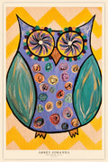 Faithful reproduction of Abbey Johanna's original hand-painted folk owl with lavender-blue body, turquoise wings, spiral eyes, and yellow chevron background.