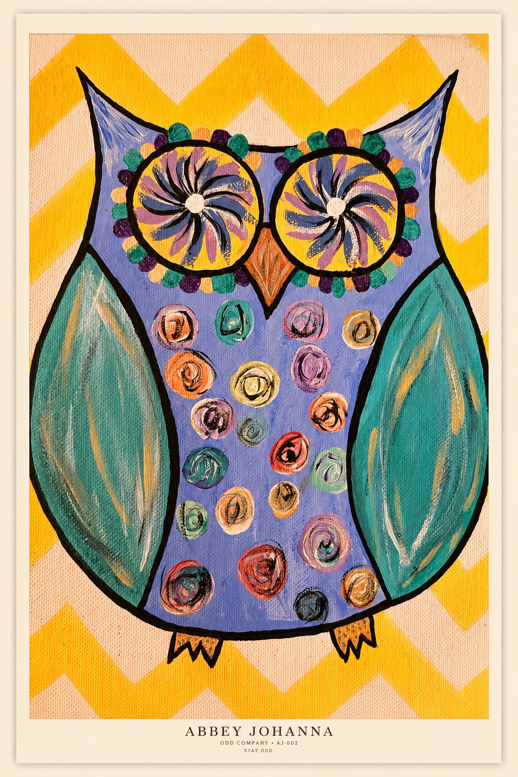 Faithful reproduction of Abbey Johanna's original hand-painted folk owl with lavender-blue body, turquoise wings, spiral eyes, and yellow chevron background.