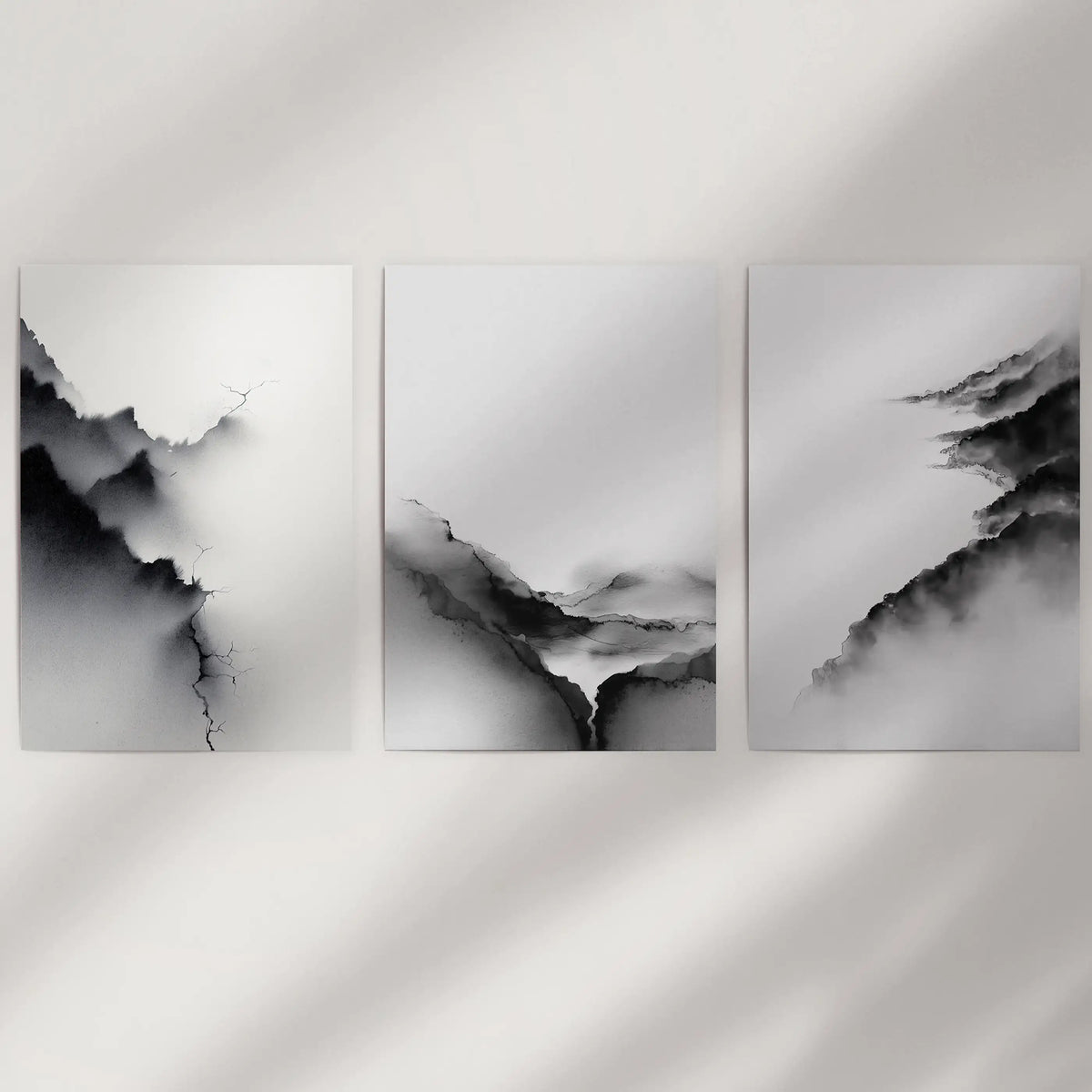 Black White Mountain Landscape Art Set of 3. Calming Nature