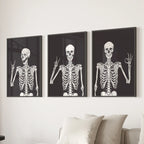 Halloween Skeleton Wall Art Set. 3 Piece Black Gothic Prints