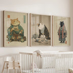 Japanese Ukiyo-e Style Cat Wall Art Set of 3. Tea Ceremony