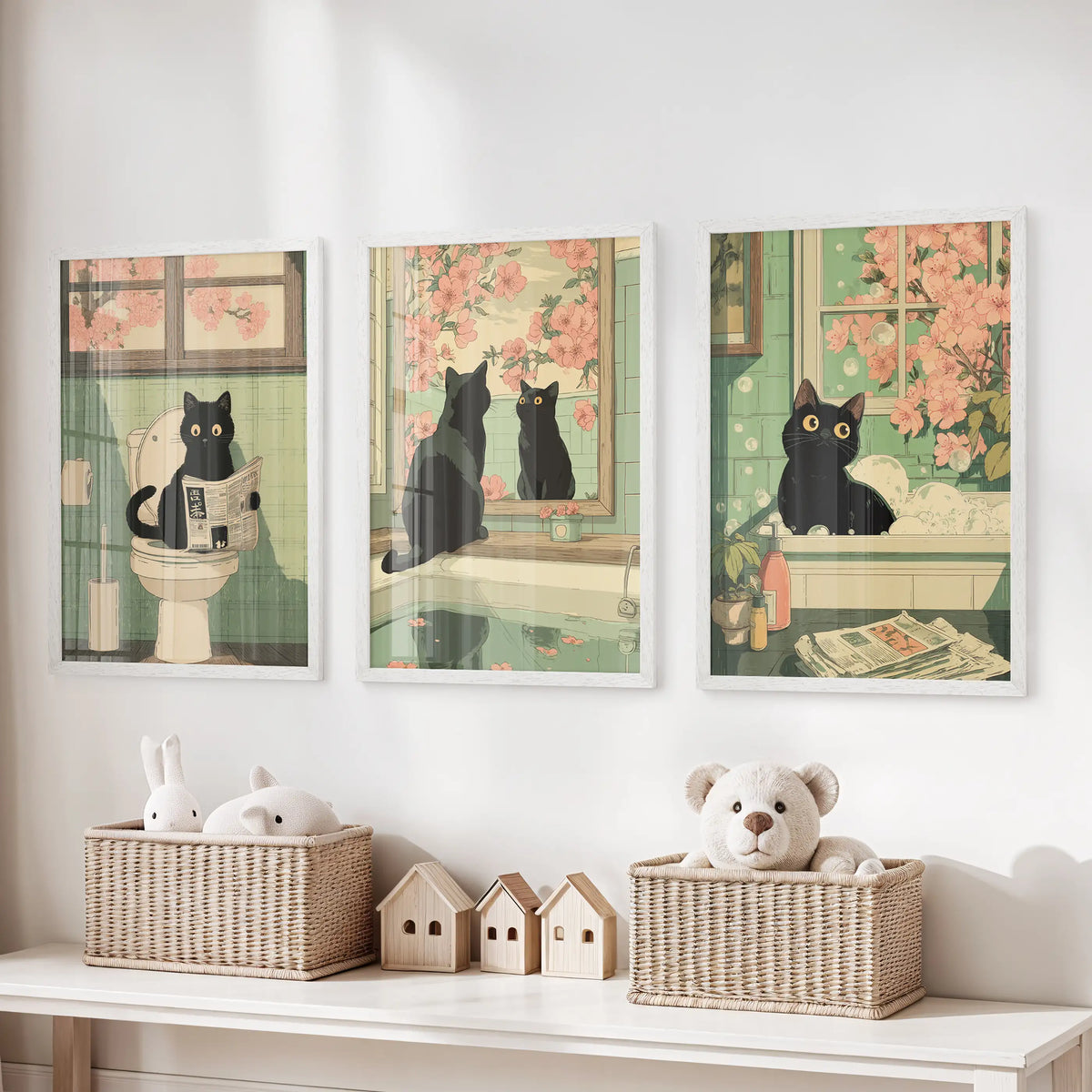 Funny Bathroom Poster. Japan Cat Pooping Wall Art Set of 3