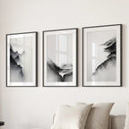 Black White Mountain Landscape Art Set of 3. Calming Nature