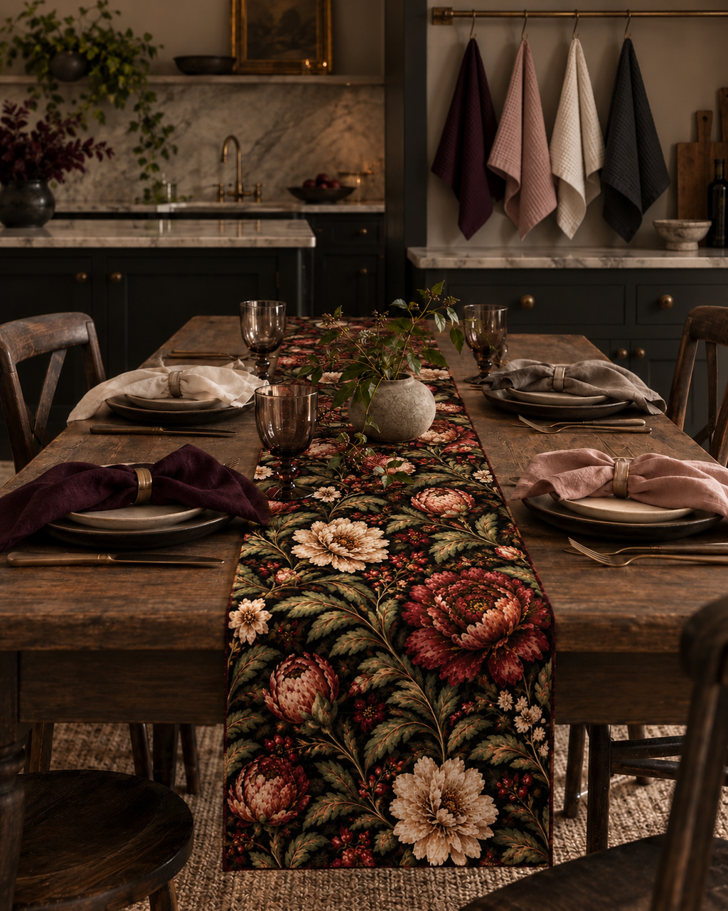 Fall Midnight Garden kitchen and table styling with Midnight Garden table runner