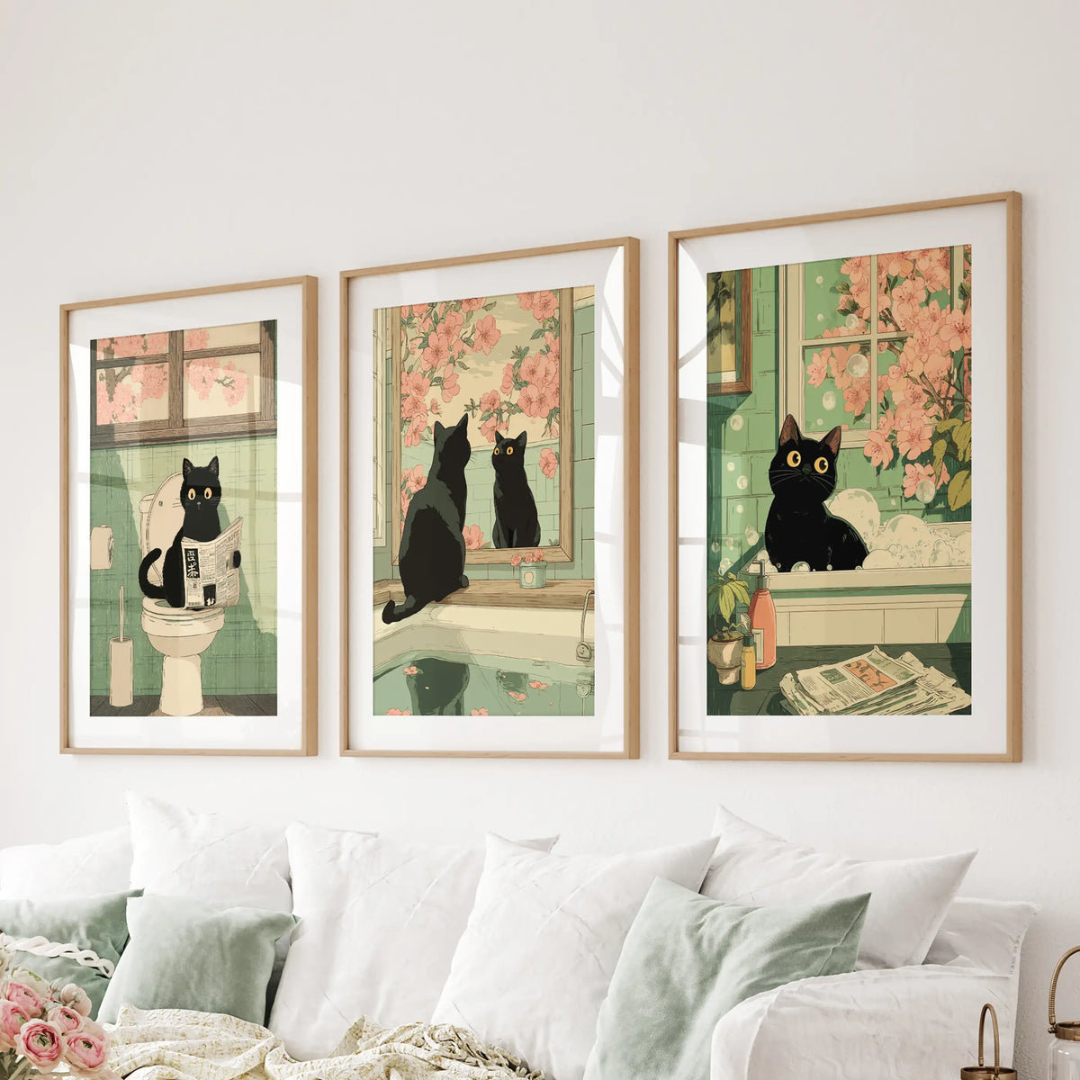 Funny Bathroom Poster. Japan Cat Pooping Wall Art Set of 3