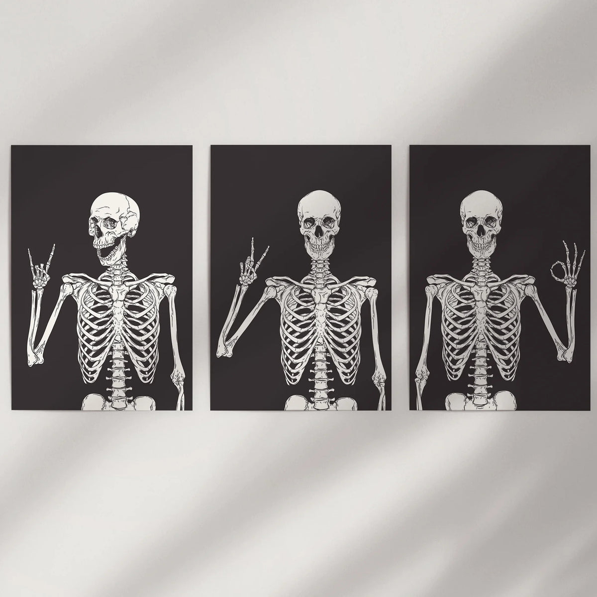 Halloween Skeleton Wall Art Set. 3 Piece Black Gothic Prints