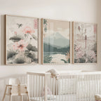 Japandi Style Set of 3 Wall Art. Floral and Mountain Prints