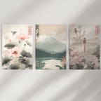 Japandi Style Set of 3 Wall Art. Floral and Mountain Prints