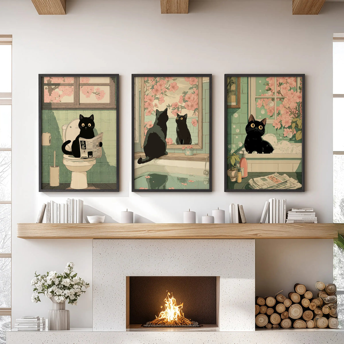 Funny Bathroom Poster. Japan Cat Pooping Wall Art Set of 3