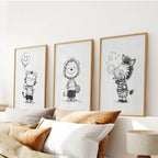 Black White Gender-Neutral Nursery Art Set. Lion Tiger Zebra