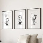 Black White Gender-Neutral Nursery Art Set. Lion Tiger Zebra