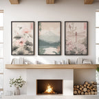 Japandi Style Set of 3 Wall Art. Floral and Mountain Prints