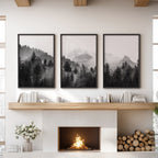Black White Forest Triptych. Misty Mountains Nature Posters