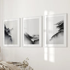 Black White Mountain Landscape Art Set of 3. Calming Nature