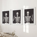 Halloween Skeleton Wall Art Set. 3 Piece Black Gothic Prints