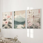 Japandi Style Set of 3 Wall Art. Floral and Mountain Prints