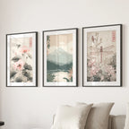 Japandi Style Set of 3 Wall Art. Floral and Mountain Prints